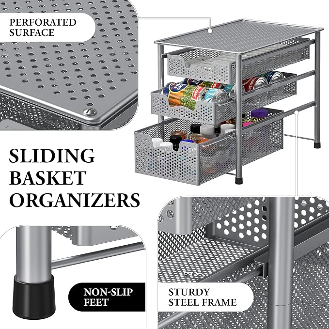 Simple Houseware Stackable 3 Tier Sliding Basket Organizer Drawer, Silver