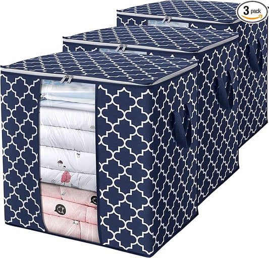 WISELIFE Storage Bags 3 Pack/100L Large Blanket Clothes Organization and Storage Containers for Comforters,Bedding, Foldable Organizer with Reinforced Handle, Clear Window, Sturdy Zippers,Blue