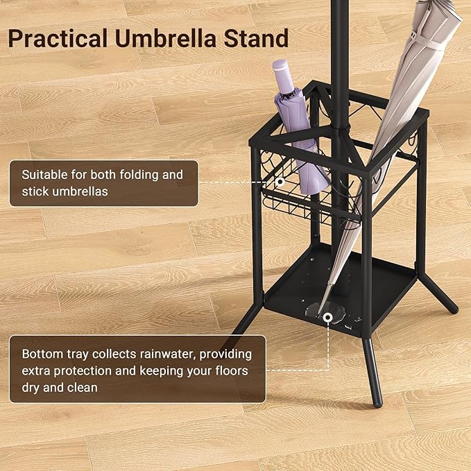 ELYKEN Coat Rack Freestanding, Metal Coat Rack with Umbrella Holder | 12 Hooks, Square Base, Heavy Duty Floor Standing Coat Tree for Entryway, Hallway, Living Room, Bedroom, Office, Brown