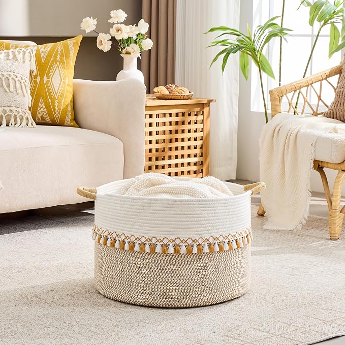 KAKAMAY Large Blanket Basket with Handles, Storage Basket for Living Room | Extra Large Capacity | Natural Cotton Rope | Blanket Storage | Woven Storage Basket | Stuffed Animal Storage | Laundry Basket