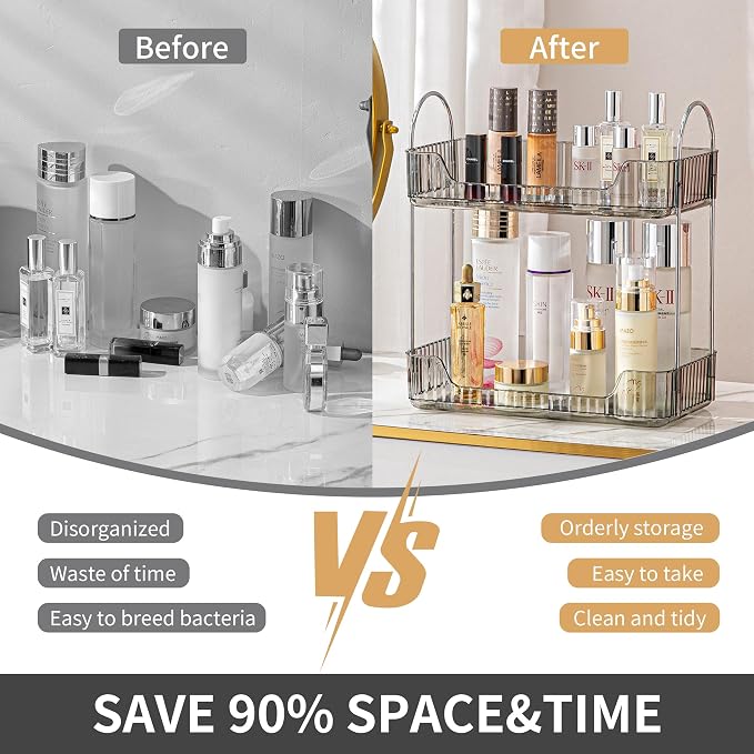 Akinbas 2 Tier Bathroom Organizer Countertop Makeup Perfume Tray Skincare Organizer for Bathroom Dresser Vanity (Grey)
