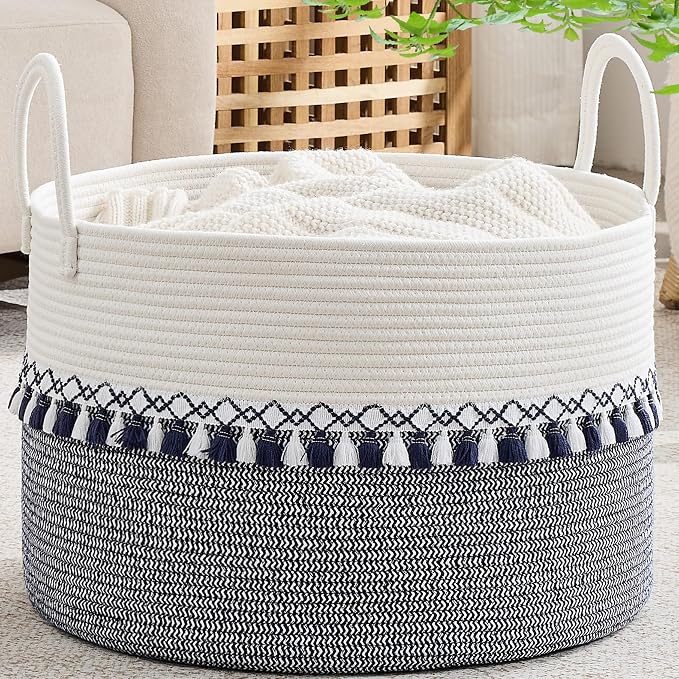 KAKAMAY Large Blanket Basket with Handles, Storage Basket for Living Room | Extra Large Capacity | Natural Cotton Rope | Blanket Storage | Woven Storage Basket | Stuffed Animal Storage | Laundry Basket