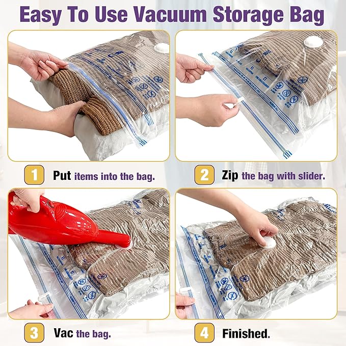 HIBAG Vacuum Storage Bags, 10-Pack Vacuum Seal Bags for Clothing Clothes, Space Saver Bags (2 Jumbo, 2 Large, 2 Medium, 2 Small, 2 Roll-up) with Pump (10-Combo) | Various Size, Airtight Triple Seal, Save 80% Space, Hand Pump, Work with Vacuum, Double Z...