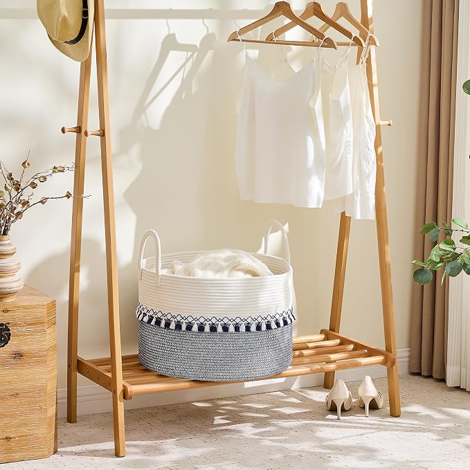 KAKAMAY Large Blanket Basket with Handles, Storage Basket for Living Room | Extra Large Capacity | Natural Cotton Rope | Blanket Storage | Woven Storage Basket | Stuffed Animal Storage | Laundry Basket