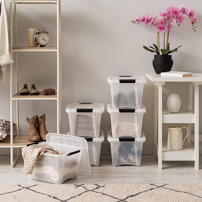 IRIS USA 6-Pack 19 Quart Storage Bins with Lids, Pearl | Conceals contents for a clean look. Great for linens, décor, closet storage, and supplies. Nestable design saves space