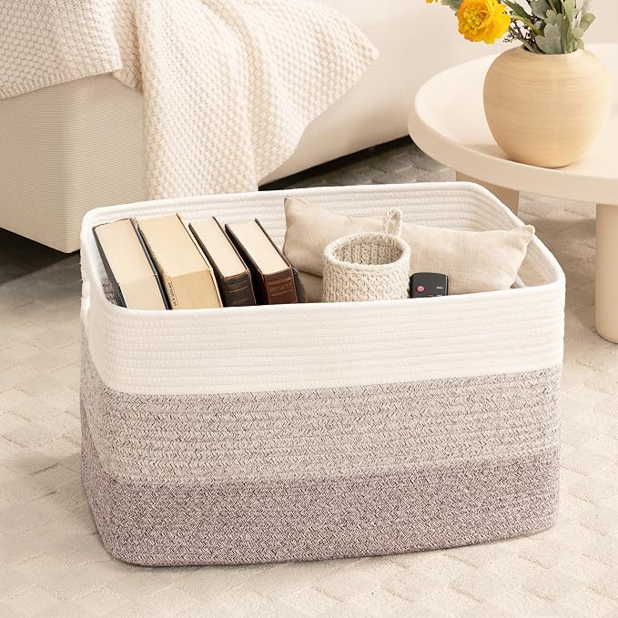 45L Small Woven Laundry Basket Hamper with Handles, Gradient Brown | collapsible wicker hamper, storage for dirty clothes, toys, blankets, gifts, living room, bedroom, bathroom, 18"x14"x11"