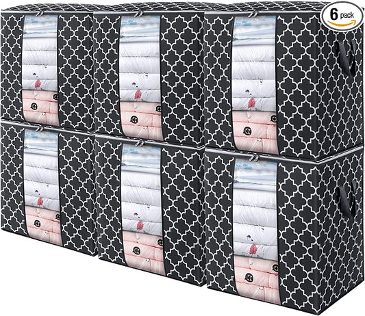 WISELIFE Storage Bags 6 Pack/100L Large Blanket Clothes Organization and Storage Containers for Comforters,Bedding, Foldable Organizer with Reinforced Handle, Clear Window, Sturdy Zippers,Black