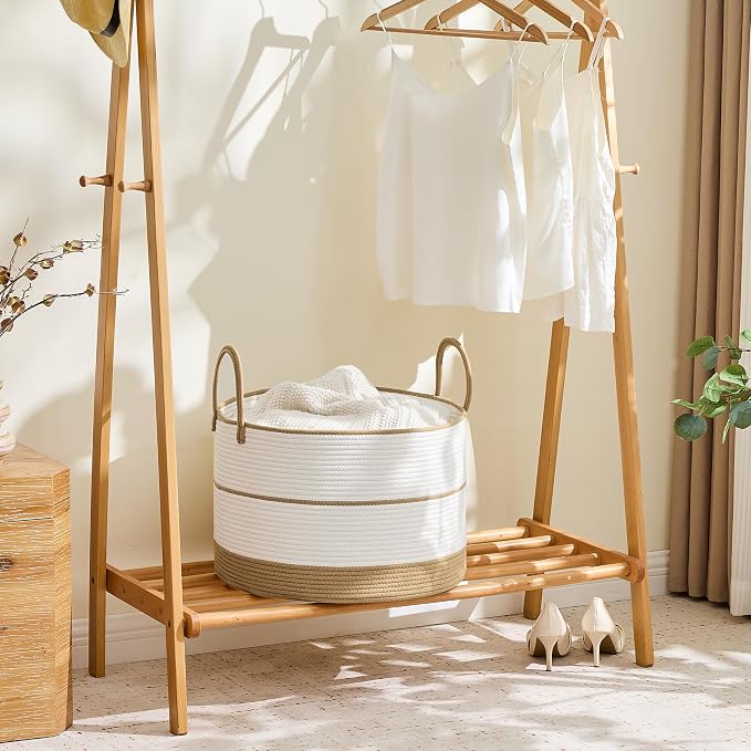 KAKAMAY Large Blanket Basket with Handles, Storage Basket for Living Room | Extra Large Capacity | Natural Cotton Rope | Blanket Storage | Woven Storage Basket | Stuffed Animal Storage | Laundry Basket