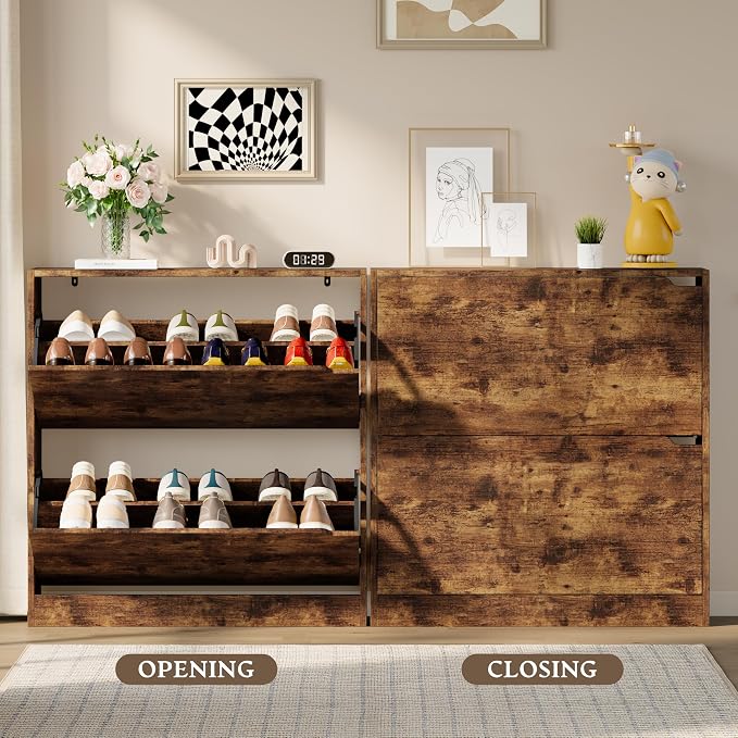 BORNOON Shoe Cabinet with 2 Flip Drawers, Slim Narrow Shoe Storage Cabinet, Freestanding Shoe Organizer with Adjustable & Removable Shelves, Top Display Shelf for Entryway, Hallway, Foyer, Closet