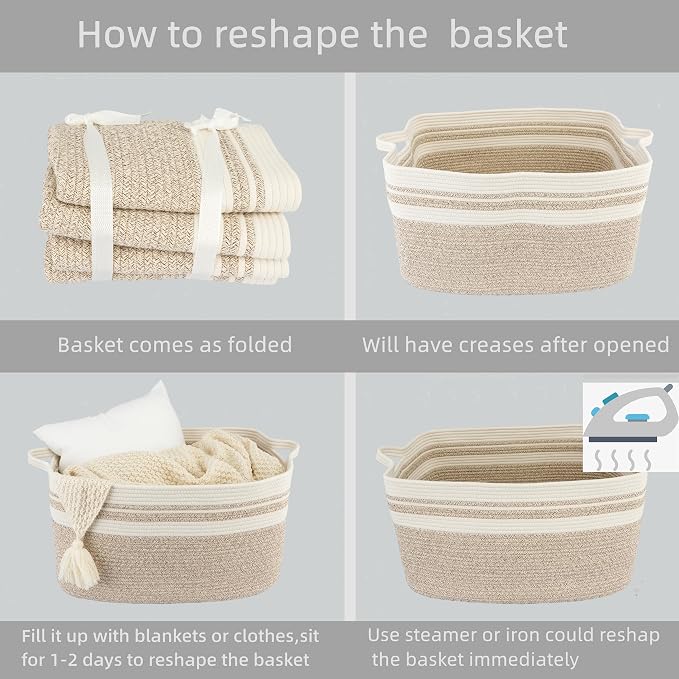 XUANGUO Large Woven Cotton Rope Blanket Basket 22"x17"x12" White Brown | Storage basket for nursery and living room; toy basket for kids or laundry basket for clothes and towels.