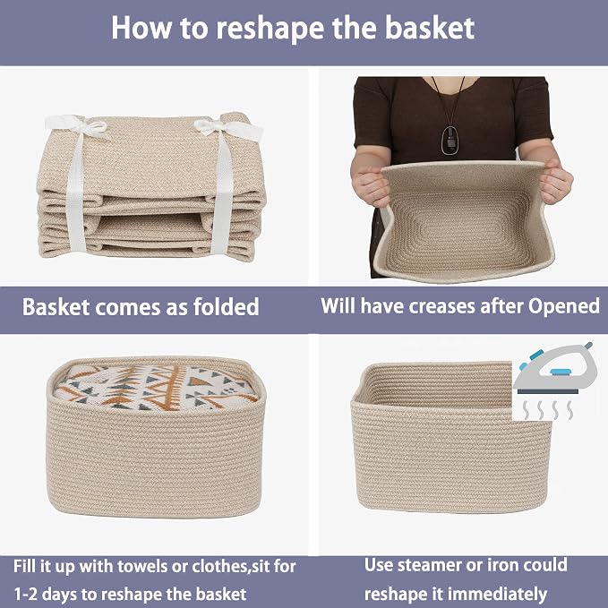 XUANGUO Woven Cotton Rope Storage Baskets 15x10x9.3" 3 Pack Oatmeal | Decorative rectangular storage baskets for shelves and closets; storage bins organize clothes, toys, books and nursery items