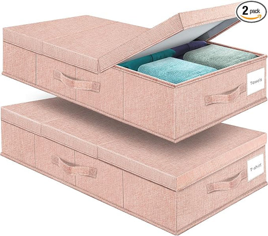 Supowin 2Pack Large Underbed Storage Containers Bin with Lids, Pink | 6 Inches Tall Under Bed Storage Organizer Box with Handles, Foldable Closet Organizer for Clothes, Blankets, Seasonal Items