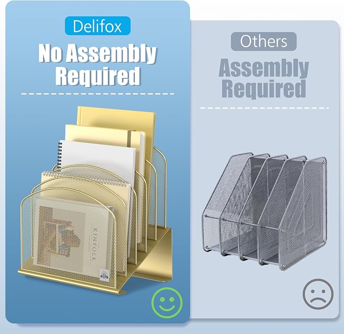 Delifox Inclined Desk File Organizer,Vertical File Folder Holder Stand Metal Rack File Sorter for Office Classroom Desktop Organization (2, Gold, 5)