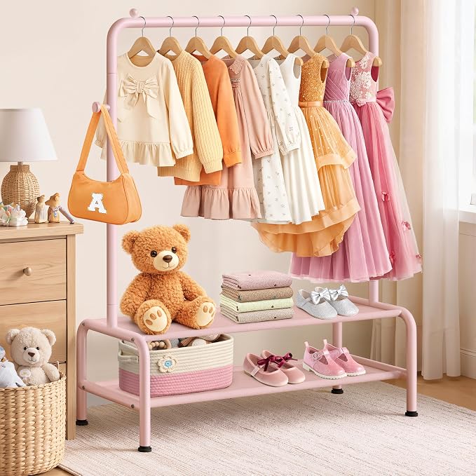 mirolam Kids Clothing Rack - Dress Up Storage - Dress Up Rack for Little Girls - Small Kids Costume Wardrobe with 2 Fabric Shelves - Princess Room Bedroom Decor
