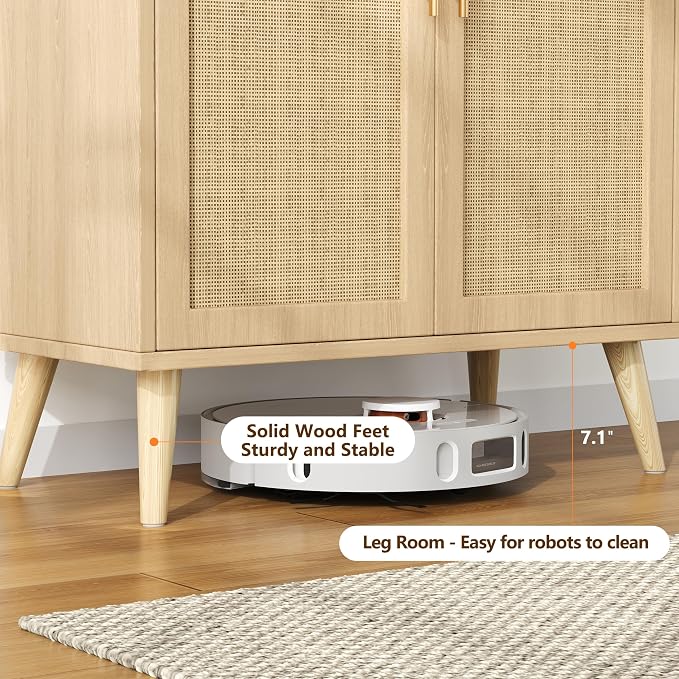 Keehusux 15.7" D Rattan Storage Cabinet with 2 Doors & Adjustable Shelf | Accent Buffet Sideboard Cabinet with Solid Wood Legs, Coffee Bar for Kitchen, Living Room, Entryway, Natural Oak