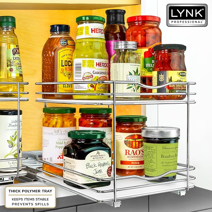 LYNK PROFESSIONAL® Pull Out Spice Organization for Cabinets - 8-3/8 inch Wide – Spice Rack for Inside Cabinets, Slide Out Spice Rack Organizer for cabinet – Pull Out Spice Rack, Sliding 2 Tier Chrome