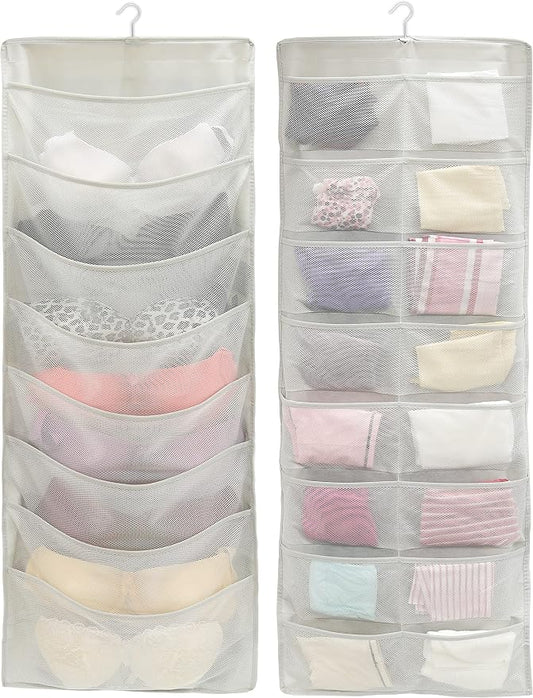 Simple Houseware 24-Pocket Double-Sided Hanging Closet Organizer | 1 Pack, for Bra & Underwear Storage with Rotating Hanger, Mesh Fabric, Gray