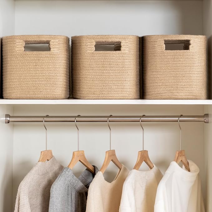 4 Pack Storage Baskets for Organizing, Shelf Baskets with Handles, Jute | 14.5"Lx9.8"Wx9"H, Woven Basket, Cotton Rope Basket, Toy Storage, Cube Shelf, Gift Baskets Empty, Home Decor