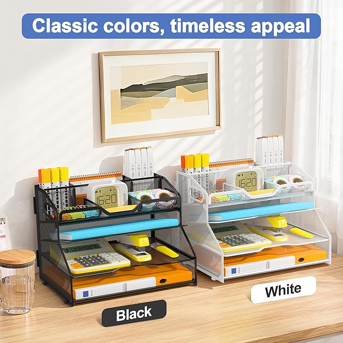 4 Tier Metal Desk Organizer with Magazine File Holder, Black | Space saving workspace desk file trays. Includes pencil holder and portable handles. Ideal for school and office supplies