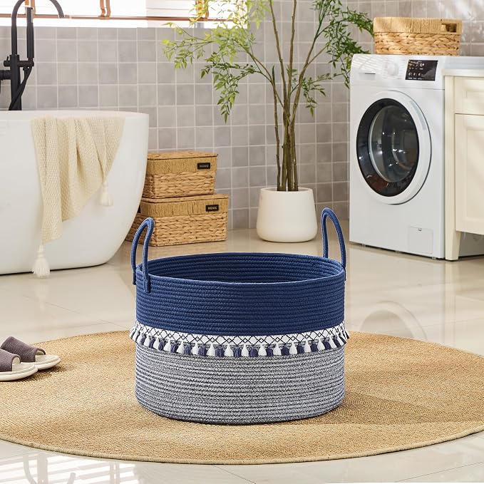 KAKAMAY Large Blanket Basket with Handles, Storage Basket for Living Room | Extra Large Capacity | Natural Cotton Rope | Blanket Storage | Woven Storage Basket | Stuffed Animal Storage | Laundry Basket