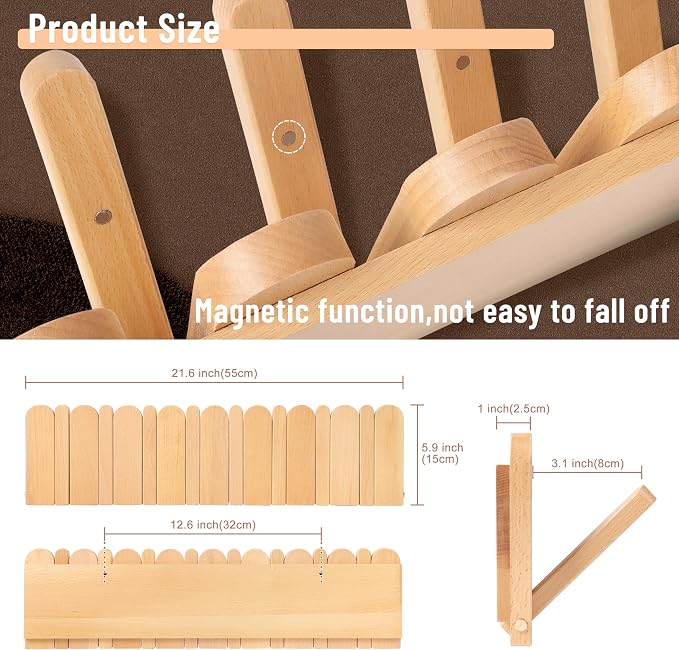 Wall Coat Rack for Entryway: Folding Wood Modern Heavy Duty 8 Hooks | 21.6'' Wall Mounted for Boho Home Decor Bathroom Bedroom Hallway for Hanging Towel Jacket Backpack Bag