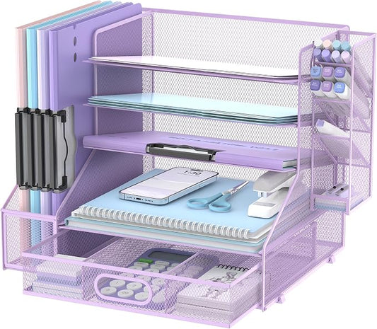 5-Tier Desk Organizer with File Holder & Pen Holder & Drawer, Purple | Mesh Metal Paper Letter Tray for Papers, Mail, Office Supplies, and Desk Accessories