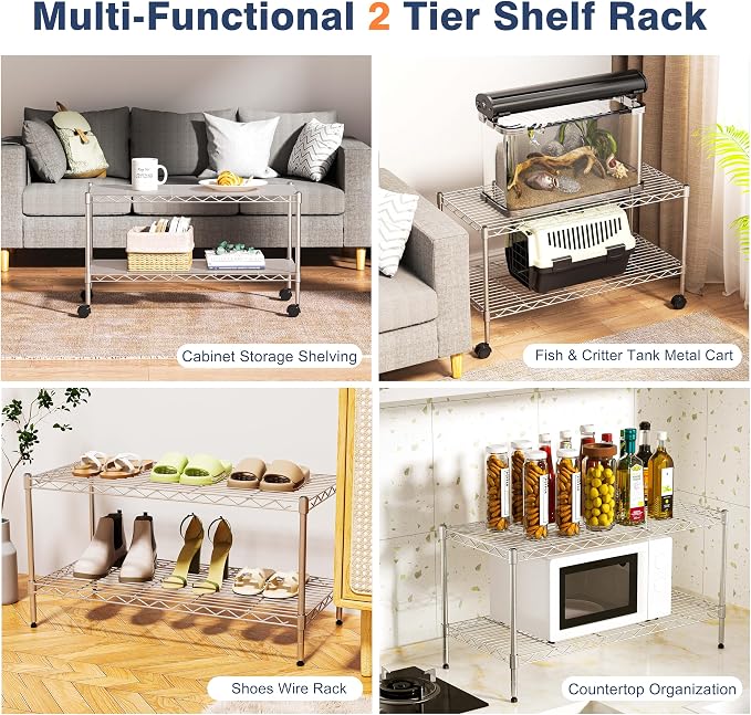 2-Tier Heavy Duty Metal Shelving Unit,Wire Shelf Rack with Lockable Wheels | 36"x18"x19.5(WxDxH),Height Adjustable Metal Storage Shelves Organizer for Living Room,Closet,Kitchen,Office,Laundry,Pantry
