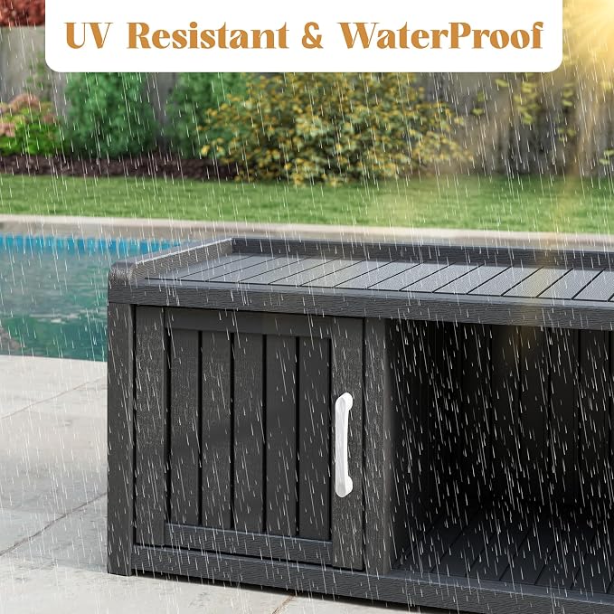 Shoe Storage Cabinet Waterproof UV-Resistant, Entryway Storage Bench Indoor Outdoor with 2 Doors, Adjustable Shelves for Entryway, Bedroom, Hallway,Living Room(Black)