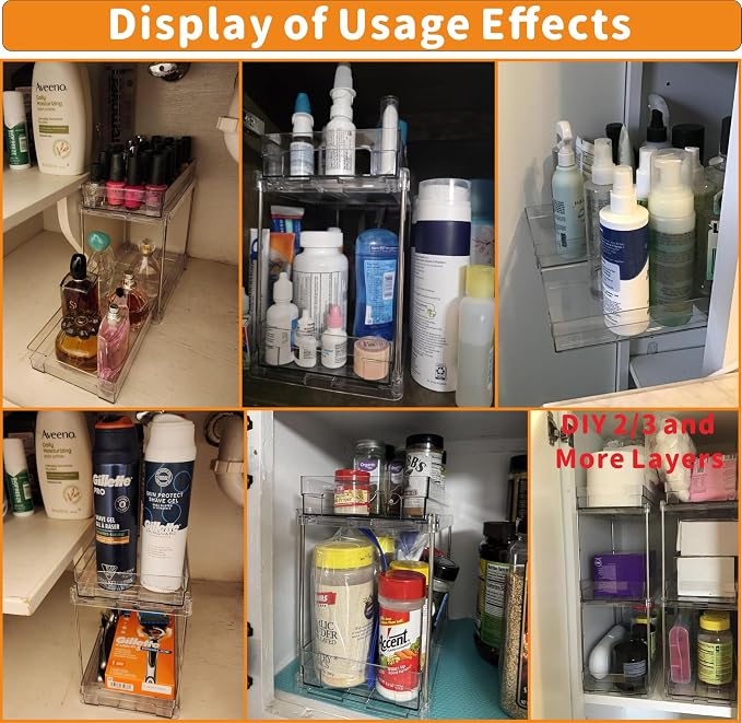 2 Set,2 Tier Pull Out Cabinet Organizer for Supplement and Medication Bottle Organizers,10.4" Deep Pantry Organizers Drawer and Sliding Clear Under Sink Organizer for Bathroom Vanity and Under Counter