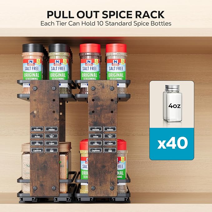 Nieifi Pull Out Spice Rack Organizer, 2 Tiers, Wood Grain | Spice Organization for Cabinet, Height Adjustable, Easy to Install