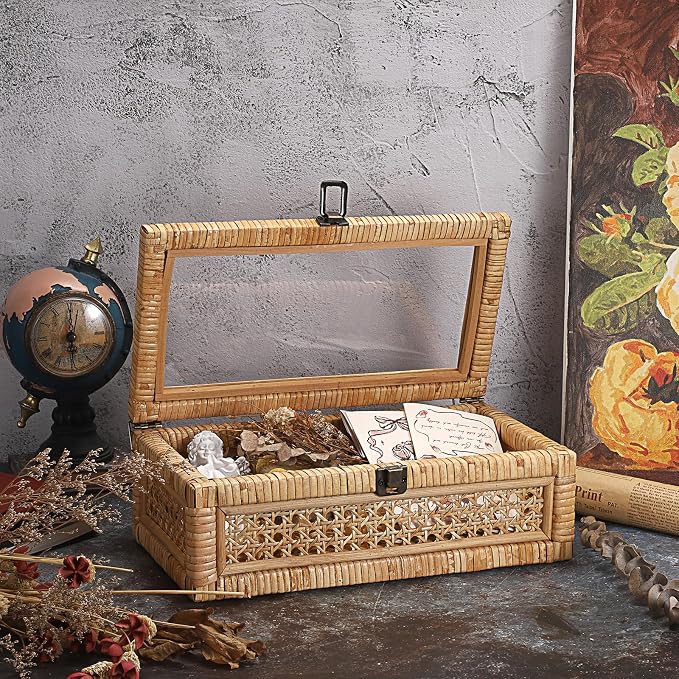 Hipiwe Rattan Decorative Box with Clear Lid and Lock - Woven Wicker Basket | Natural Rectangular Basket Organizer Bin, Vintage Wood and Cane Display Boxes for Shelves Home Storage and Decor