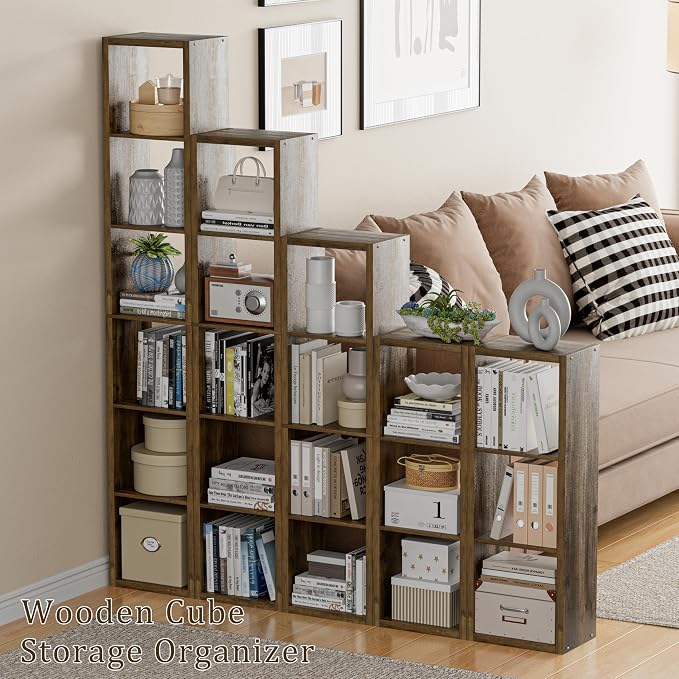VDNEND Cube Storage Organizer Bookcase, Decorative 11 inch Open Back Cubical Shelf with Thickened Border, Display Bookshelf for Living Room, Home Office, Sturdy Room (Brown, 6 Cube,Vertical)