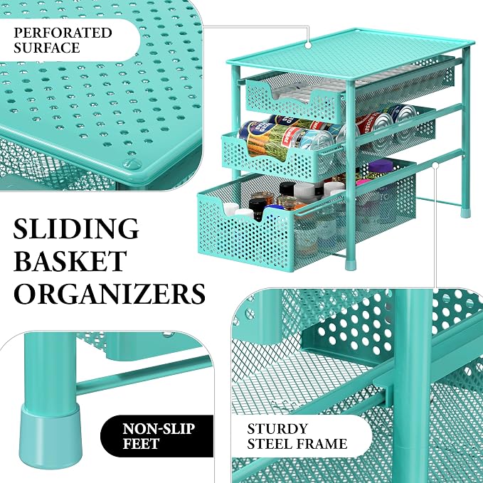 Simple Houseware Stackable 3 Tier Slide Basket Organizer Drawer, Turquoise