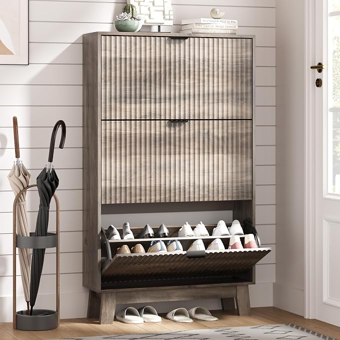 Shoe Cabinet Storage for Entryway with 3 Flip Drawers, Fluted Narrow Shoe Organizer with Wooden Legs, Freestanding Slim Shoe Storage Hidden Shoe Rack Organizer for Front Door Entrance, Hallway, Grey