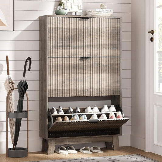 Shoe Cabinet Storage for Entryway with 3 Flip Drawers, Fluted Narrow Shoe Organizer with Wooden Legs, Freestanding Slim Shoe Storage Hidden Shoe Rack Organizer for Front Door Entrance, Hallway, Grey