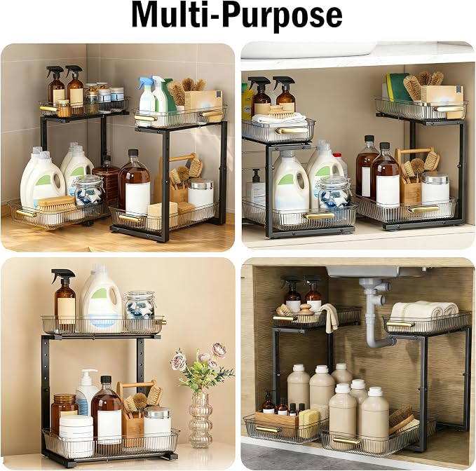 ARSTPEOE Under Sink Organizer - 2 Pack Multi-Purpose Pull-Out Storage Shelf | Slide out Pull out Cabinet Organizer Shelf, Storage for Kitchen Bathroom, Clear
