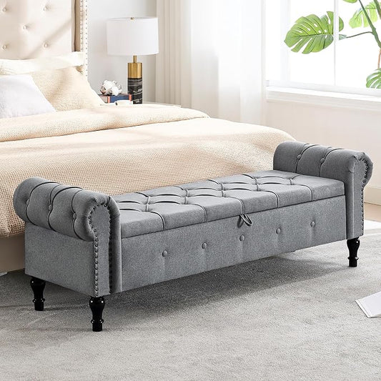 Storage Bench 67" Linen End of Bed Benches Grey | King Size Storage Bench for Bedroom with Rolled Arms Tufted Ottoman Benches Upholstered Bench for Living Room Entryway