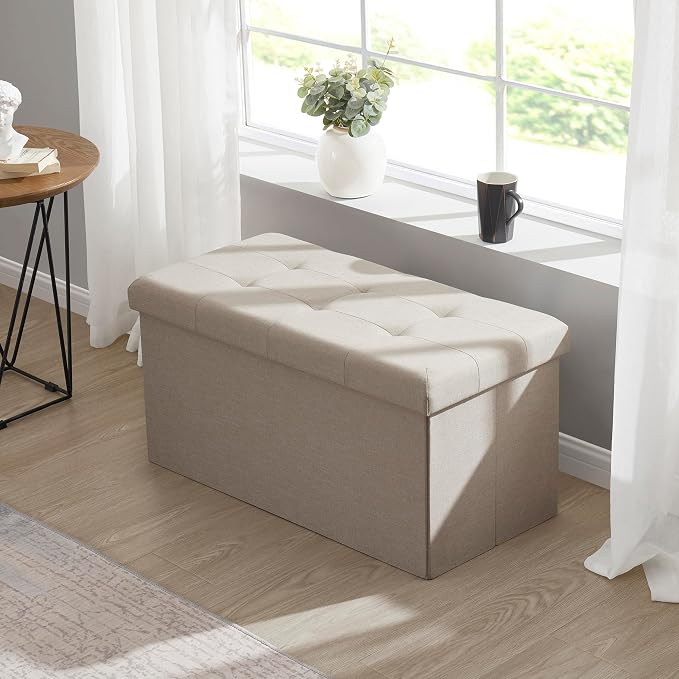 Ornavo Home 30 Inch Folding Storage Ottoman Bench, Tufted Linen, Beige | Upholstered Large Ottoman with Lid; Foot Rest Stool; Ideal for Bedroom, Living Room or Entryway