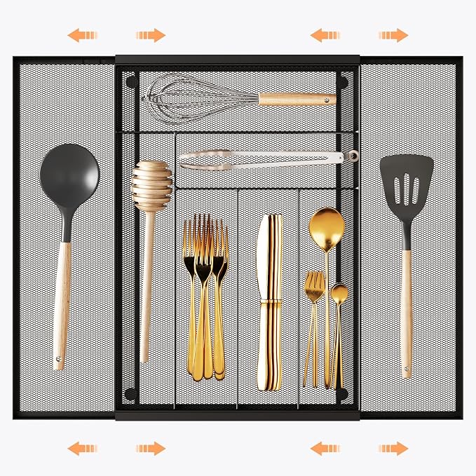 Sedegn Silverware Organizer Metal Mesh, Large Drawer Organizer | Utensil Cutlery Tray for kitchen drawers, Expandable Flatware Organizer with 8 Compartment Black 11.6"~20" x 17.3"