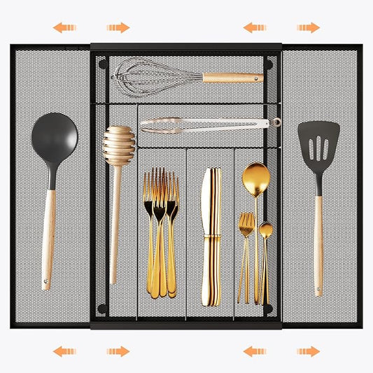 Sedegn Silverware Organizer Metal Mesh, Large Drawer Organizer | Utensil Cutlery Tray for kitchen drawers, Expandable Flatware Organizer with 8 Compartment Black 11.6"~20" x 17.3"