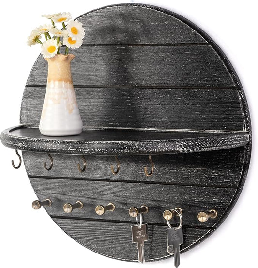 Rebee Vision Round Key Holder Wall Mount for Keys & Sunglasses, Old Black | Round Shape, Key Hooks for Kitchen Wall, Wall Shelf for Plant & Mail, Home Storage, Entrayway Decor, Ideal for Living Room