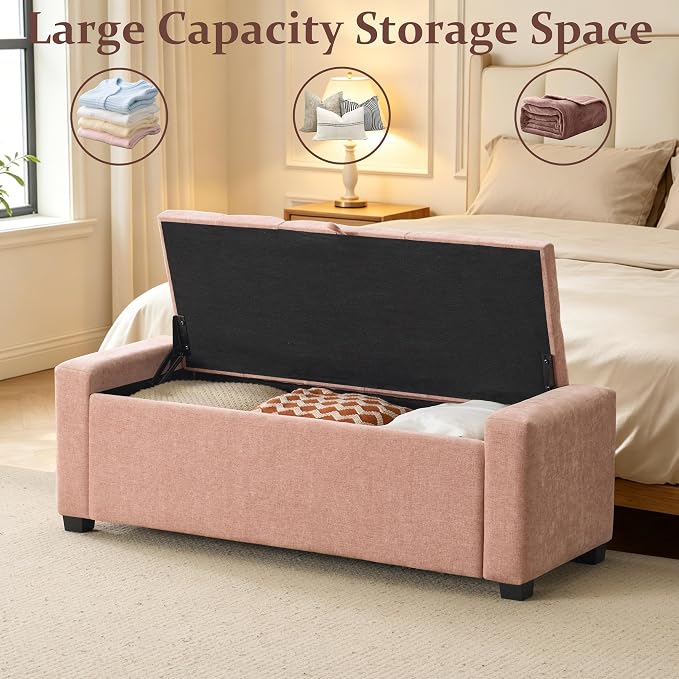 Royal Windsor 48" Ottoman with Storage,Tufted Storage Bench with Safety Hinge,Holds up to 350 lb,Upholstered Bench with Seating for Bedroom,Living Room,Entryway,Linen Pink