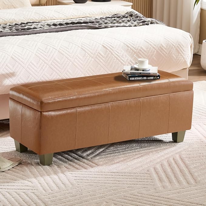 WUTUTUEE 41" Faux Leather Storage Ottoman, Stitch Tufted Rectangle Upholstered End of Bed Storage Bench, Entryway Large Couch Ottoman with Wooden Legs, Light Brown