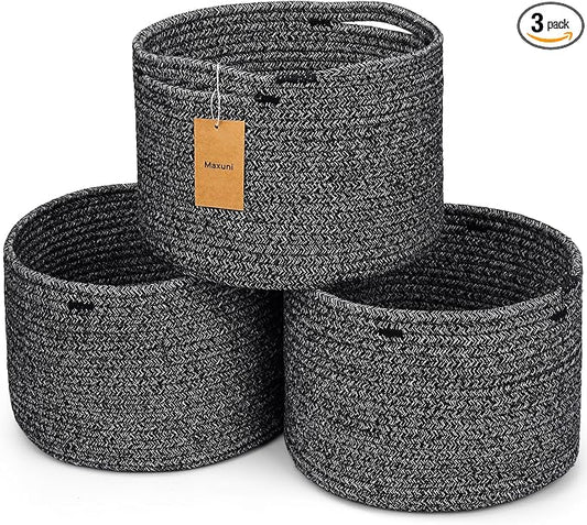 3 Pack Small Rope Storage Baskets, 9.82×9.82×7.1", Black | Cotton Basket for Gifts Empty, Cute Round Woven Basket, Decorative Shelf Basket Organizer, Organizing Basket for Shelves
