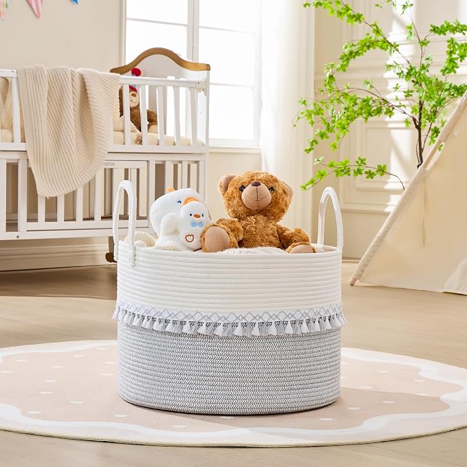 KAKAMAY Large Blanket Basket with Handles, Storage Basket for Living Room | Extra Large Capacity | Natural Cotton Rope | Blanket Storage | Woven Storage Basket | Stuffed Animal Storage | Laundry Basket