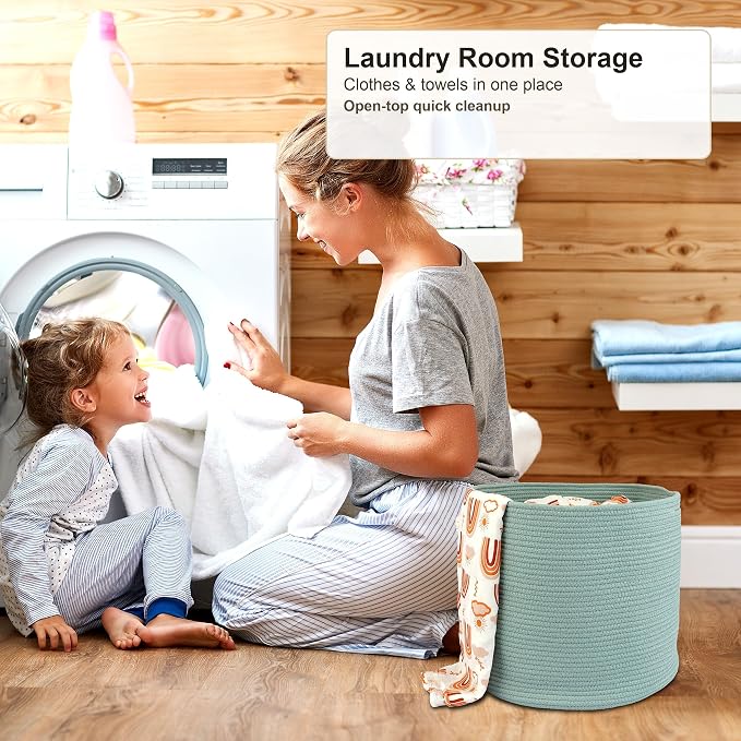 XUANGUO Cotton Rope Basket For Girls Boys Kids 16”X14” green | Baby Laundry Baskets, Blanket Basket, Nursery Bin; Round Woven Basket Organizer for Toy Storage, Blankets, Shoes and Clothes