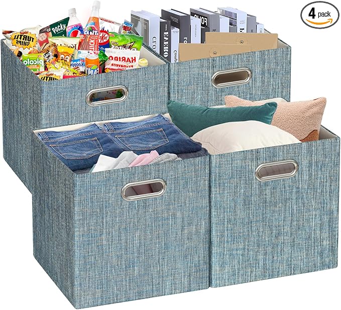 Posprica Storage Boxes, Foldable Organiser Cube Basket Bin, Thick and Heavy Duty (28×28×28cm/4pcs, Teal)