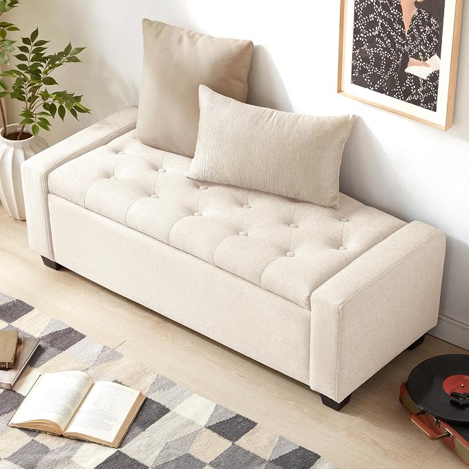 Huatean Home 48" Ottoman with Storage, Beige Storage Ottoman Bench | Upholstered Entryway Bench with Seating for Bedroom, Living Room, with Safety Hinge, Holds up to 330 lb