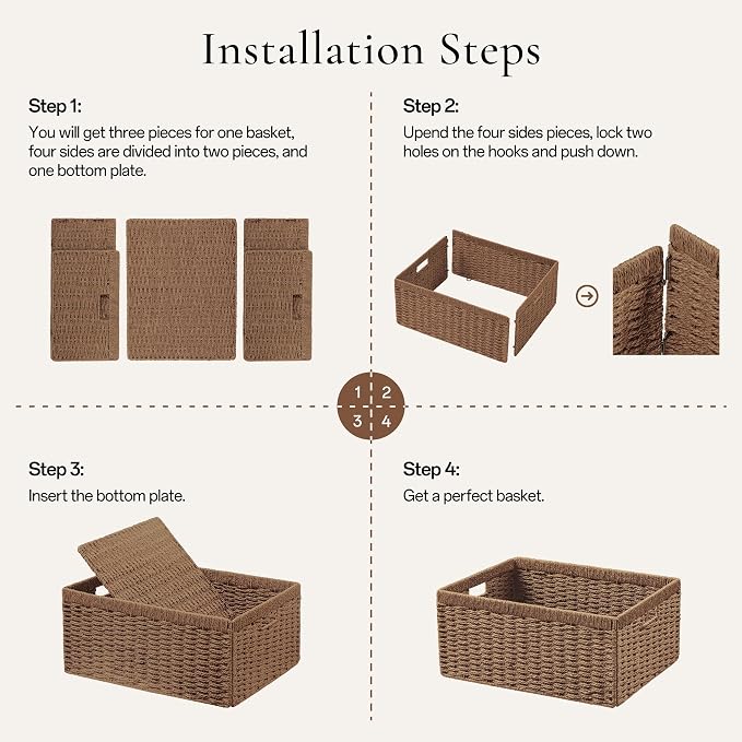 UBBCARE 4 Pack Wicker Basket, 13.4L×8.3H×7.1W inch Woven Paper Rope Storage Baskets for Shelves, Foldable Rectangular Storage Baskets with Handle, Storage Basket for Organizing, Caramel