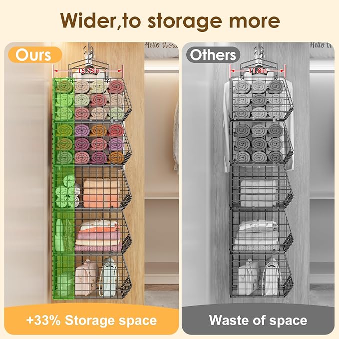 Capacity Upgrade Edition Deeper 4'' 5 Tier Foldable Hanging Closet Organizer and Storage，Wire Cabinet Shelves and Rack with 5 S Hooks,Stackable Metal Basket Bins for Clothes Shoe Purse,Black